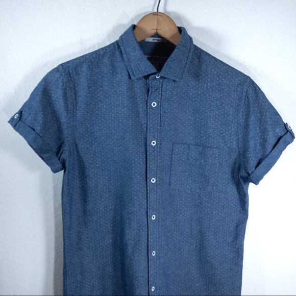 EXPRESS | denim polka dot sleeve button shirt - Picture 3 of 6